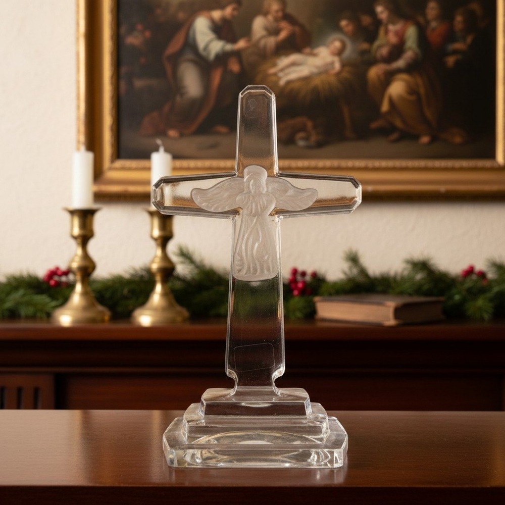 Towle 24% Lead Crystal Cross, Vintage Frosted Angel, Heavy Pedestal Glassware
